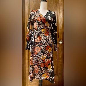 Zara Black and Orange Floral Long Sleeve Wrap Dress